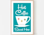 Mid Century Modern Kitchen Art, Retro Coffee Cup, Colorful Cooking, Kitchen Decor, Coffee Art, Scandinavian Design, Atomic Art