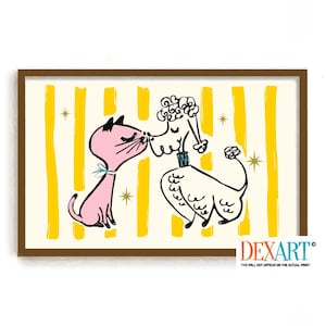 May include: A pink cat and a white poodle are kissing on a yellow and white striped background. The cat has a blue bow around its neck. The poodle has a blue bow around its neck and a blue collar. There are gold stars on the background.