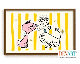 Kitsch Atomic Cat and Poodle Art Print, Couples Bedroom Retro Decor, Dog Lover Gift, Mid Century Modern Wall Art, Vintage Toy Poodle