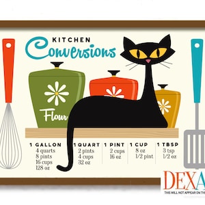 Black Cats Kitchen Art Print, Kitchen Conversion Chart, Mid Century Modern, Kitchen Decor, Measuring Cup Help Guide, Pantry Sign
