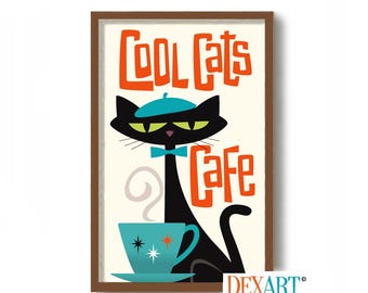 May include: A retro-style illustration of a black cat wearing a blue beret and a bow tie, sitting with a steaming cup of coffee. The text "Cool Cats Cafe" is in orange letters above the cat.