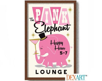 Op de afbeelding: Een retro-illustratie van een roze olifant met een hoge hoed en een martini-glas in zijn hand. De tekst "The Pink Elephant Lounge" staat boven de olifant, en "Happy Hour 5-7" eronder.