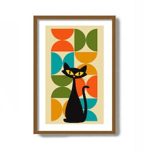 Mid Century Modern Art, Black Cat Art Print, Cat Lover Gift Wall Art, Rise and Shine, Flower Wall Art, Scandinavian Decor, Danish Modern