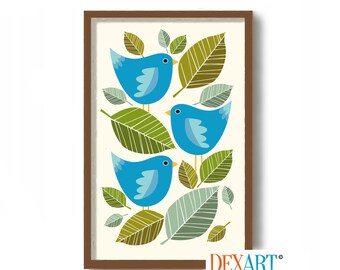 Mid Century Modern Bird Art Print, Blue Bird Wall Decor, Bird Lover Gift, MCM Abstract Bird, Ornithologist Gifts, DexMex Art Prints