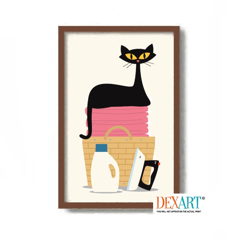 Black Cat Laundry Basket Art Print, Laundry Room Decor, Mid Century ...