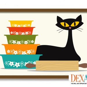 Mid Century Modern Kitchen Black Cat Wall Art Print, Colorful Glass Bowls, Cat Lover Gift Idea, Kitchen Art Print, Mixing Bowls