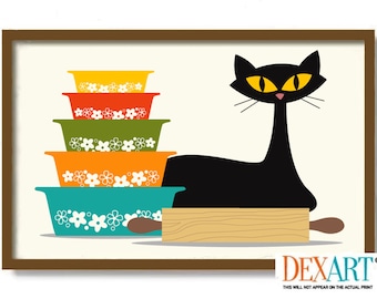May include: A black cat with yellow eyes sits on a wooden rolling pin next to a stack of colorful mixing bowls with white flower designs. The bowls are stacked in order of color from yellow to orange to green to blue. The image is framed in brown.