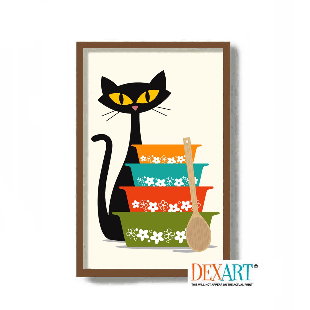 Mid Century Modern Kitchen Wall Art, Black Cat Print, Colorful Glass