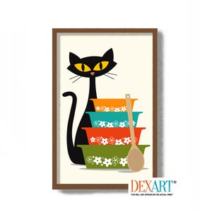 Mid Century Modern Kitchen Wall Art, Black Cat Print, Colorful Glass Bowls, Cat Lover Gift Idea, Kitchen Art Print