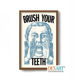 Bathroom Decor, Brush Your Teeth, Dentist Office, Kids Bathroom, Wall Art Print, Dental Hygiene Childs Bathroom Toothbrush Art