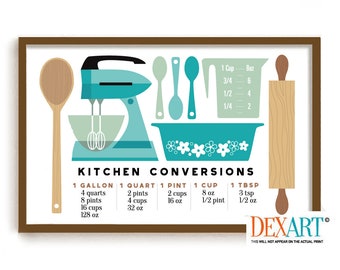 Kitchen Conversion Chart Art Print, Measurements Chart Baking Art Rolling Pin Kitchen Cooking Decor Measuring Cup Kitchen Help