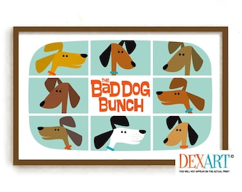 Dog Art Print, Barky Bunch, Funny Dog Art, Retro TV Show Mid Century Modern Wall Art, Dog Lover Gift, Labrador, Dog Mom, Golden Retriever
