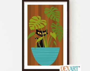 Atomic Cat Art Print, Monstera Plant, Mid Century Modern Art, Black Cat Lover Gift, Tropical Decor, Minimalist Wall Art, Black Cat Art