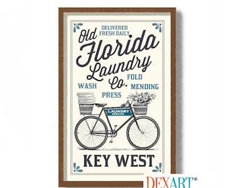 Florida Laundry Room Decor Art Print, Key West, Vintage Bicycle, Washing Machine, Florida Style, Laundry Sign, Wall Decor, Florida Decor