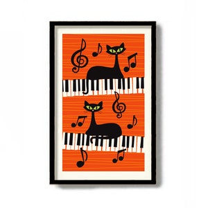 Piano Gifts, Jazz Poster, Mid Century Modern Art, Black Cat Art Print, Music Lover, Musical Notes, Record Player, Cat Lover Gift, Piano Keys