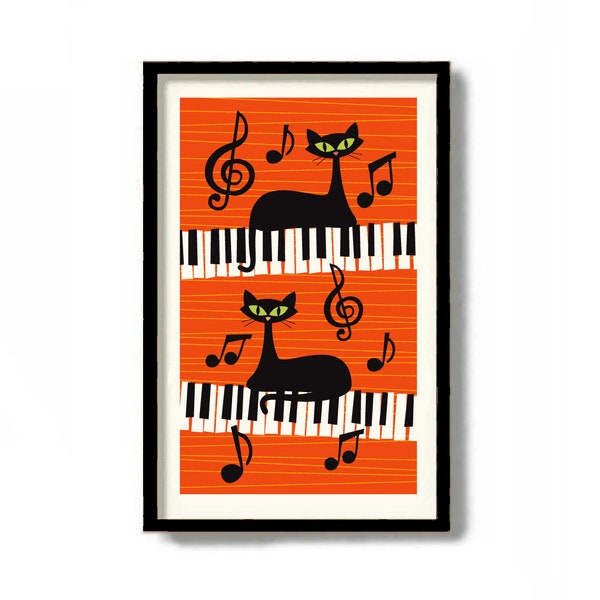 Piano Gifts, Jazz Poster, Mid Century Modern Art, Black Cat Art Print, Music Lover, Musical Notes, Record Player, Cat Lover Gift, Piano Keys