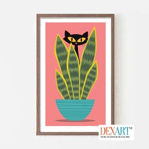 Mid Century Modern Cat Plants Art Print, Cat Poster, Snake Plant Wall Art, Atomic Cat, Black Cat Lover Gift, Tropical Decor, Black Cat Art