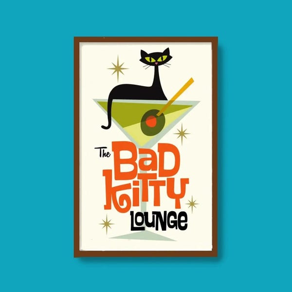 Mid Century Modern Atomic Cocktail Bar Wall Art, Bad Kitty Lounge, Black Cat Art Print, Martini Glass, Bartender Gift, Cat Lover Gift