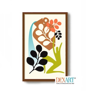 May include: Abstract art print in a brown wooden frame. The artwork features a brown vase with a blue stream, orange and black leaves, and a lime green figure. The background is off-white.