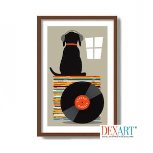 May include: A black dog wearing headphones sits on a stack of colorful vinyl records with a black vinyl record on top. The record has the word "STEREO" printed on it in red.