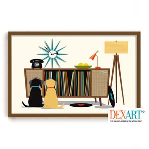 Mid Century Modern Art Print Black Dog Lover Gift, Retro Sideboard, Black Lab, Vinyl Record Storage, Record Player, Black Labrador Retriever