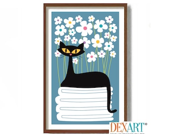 Laundry Room Decor Cat Wall Art Print, White Daisies, Atomic Cat, White Towels, Mid Century Modern Art, Black Cat, Cat Mom, Washing Machine