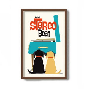 Mid Century Modern Dog Art Print Old Record Player, Black Dog Lover Gift Retro Sideboard Black Lab, Vinyl Record Storage, Labrador Retriever