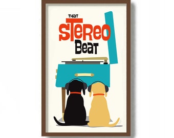 Mid Century Modern Dog Art Print Old Record Player, Black Dog Lover Gift Retro Sideboard Black Lab, Vinyl Record Storage, Labrador Retriever