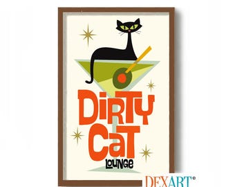 Lámina artística de gato de Martini sucio, arte mural de bar de cócteles atómicos de mediados de siglo, arte de gato negro, regalo de camarero, regalo para amantes de los gatos, arte con alcohol