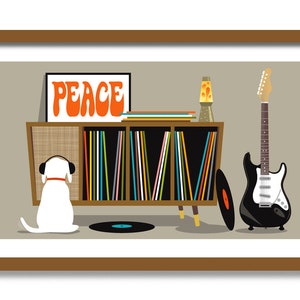 Mid Century Modern Art, White Dog Lover Gift, Retro Sideboard, Guitar Poster, Vinyl Record Storage, Old Record Player, Peace Sign