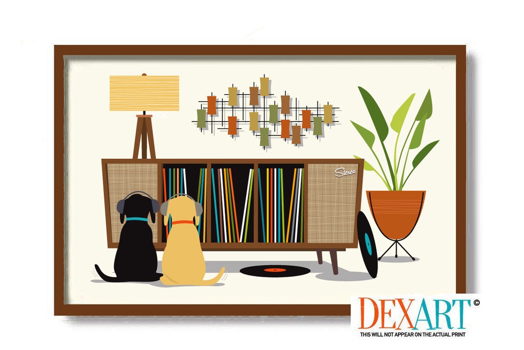Mid Century Modern Dog Art Print, Dog Lover Gift, Retro Sideboard