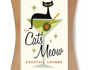 Mid Century Modern Atomic Cat Cocktail Wall Art Print, Black Cat Art, Martini Glass, Bartender Gift, Cat Lover Gift, Alcohol Bar Wall Art