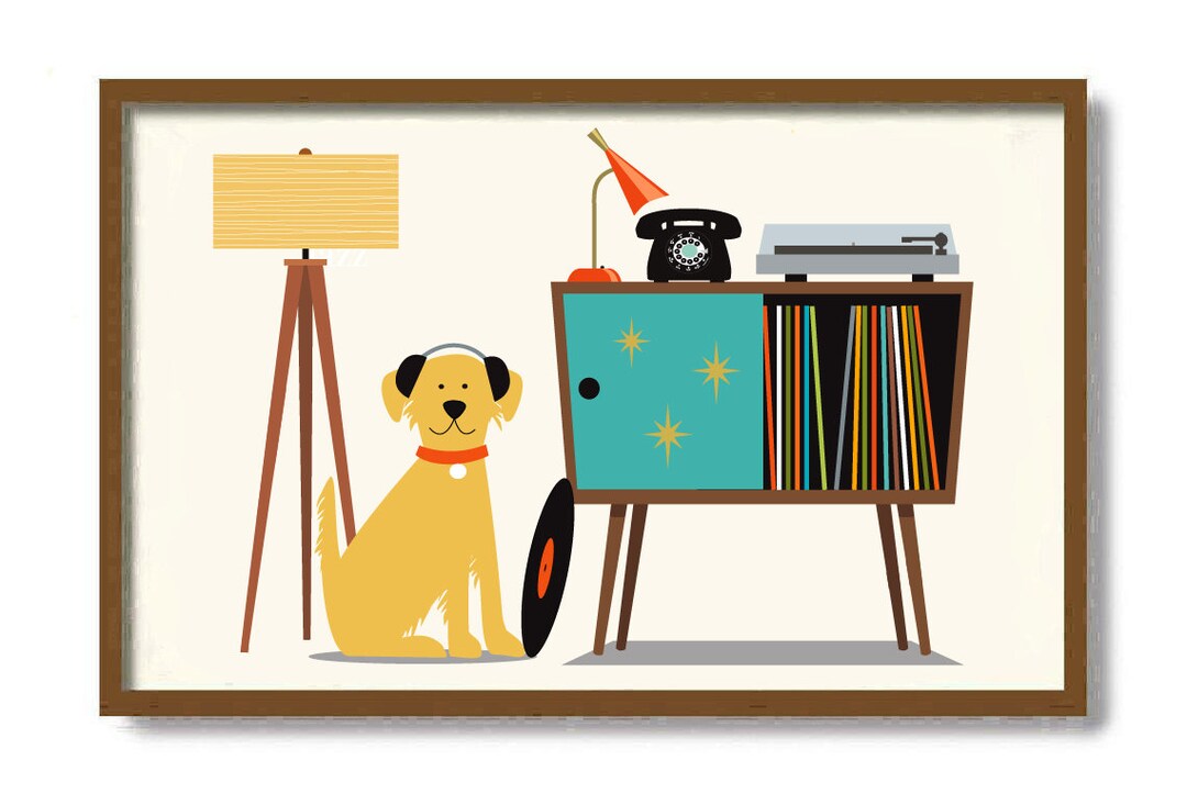 Mid Century Modern Dog Art Print Golden Retriever Dog Lover Gift Retro Sideboard Vinyl Record Storage Record Player 1950s Etsy UK
