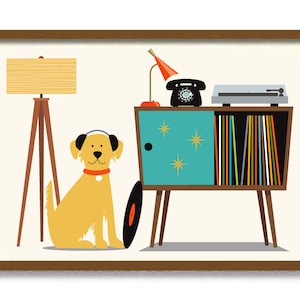 Mid Century Modern Dog Art Print, Golden Retriever Dog Lover Gift, Retro Sideboard, Vinyl Record Storage, Record Player 1950s