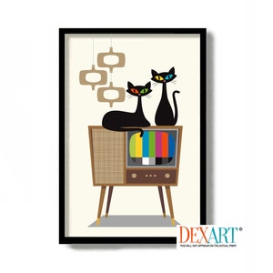 Mid Century Modern Wall Art, Black Cat Art Print, Old Television, Black Cat Gift Idea, Cat Lover Gift, Custom Cat Portrait, TV Show Decor