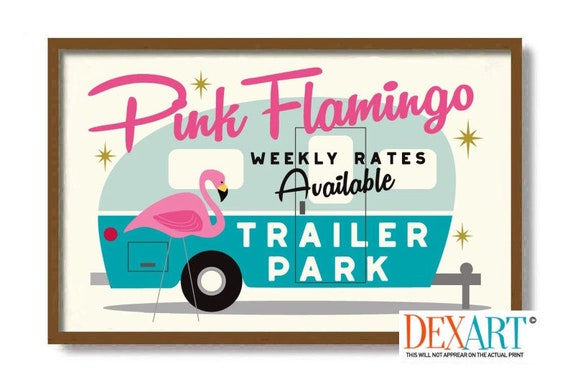 Mid Century Modern Wall Art, Pink Flamingo Decor, RV Camper, Trailer Park, Black Cat Art Print, Palm Springs Poster, Cat Lover Gift