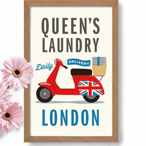 London Print, Laundry Room Decor, Artwork English Decor Union Jack London England Queen of England Wash Dry Fold Sign Motor Scooter