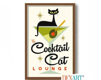 Atomic Cat Cocktail Bar Wall Art, Mid Century Modern Art Print, Martini Glass, Bartender Gift, Cat Lover Gift, Alcohol Bar Sign