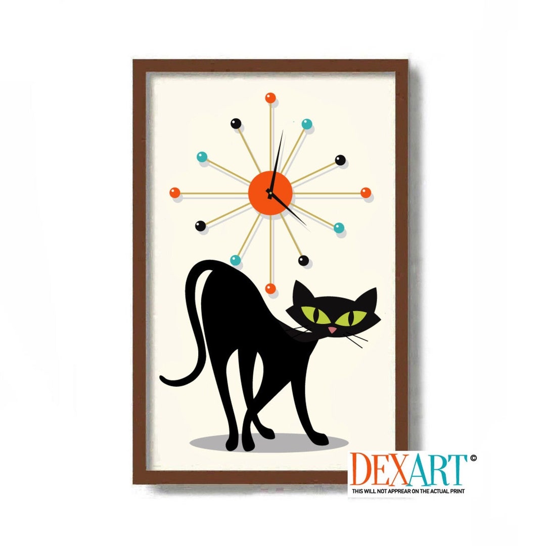 Black Cat Art Print, Mid Century Modern Art, Cat Lover Gift, Retro Wall ...