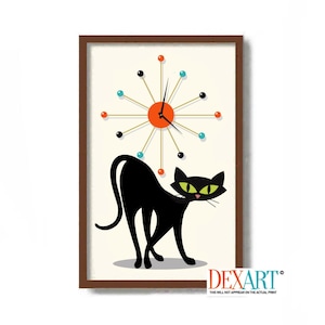May include: A black cat with green eyes stands in front of a mid-century modern clock with orange, turquoise, and black accents. The clock has a gold frame and gold spokes.