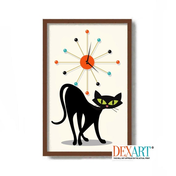 Black Cat Art Print Mid Century Modern Art Cat Lover Gift - Etsy