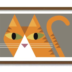 Orange Tabby Cat Art Print, Mid Century Modern Cat Wall Decor, Yellow Tiger Cat Gift Idea, Cat Lover, Striped Cat, Abstract Art, Retro Cat