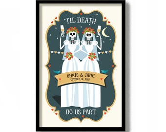 Lesbian Wedding Gift, Skull Decor, Gothic Home Decor, Dia de los Muertos, Day of the Dead Gift, lgbtq Couple, Mexican Folk Art, Til Death