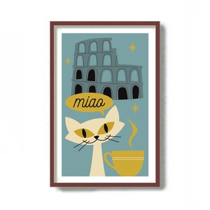 Italian Cat Art Print, Mid Century Modern Art, Italy Decor, Rome Colosseum Art, Kitchen Wall Art, Cat Lover Gift, Cat Poster, Coffee Cup