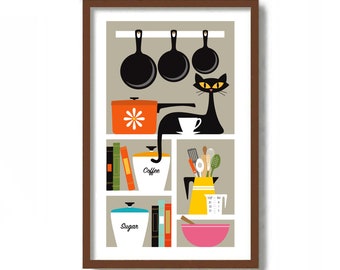 Kitchen Art Print, Mid Century Modern Wall Art, Black Cat Art, Kitchen Decor, Gift for Chef, Cooking Art Print, Loves to Cook, Foodie Gift
