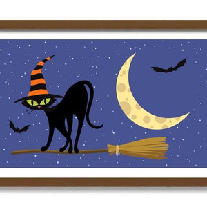 Halloween Cat, Black Cat Lover Gift, Mid Century Modern Art, Halloween Decor, Witches Broom, Party Decoration, Halloween Broomstick