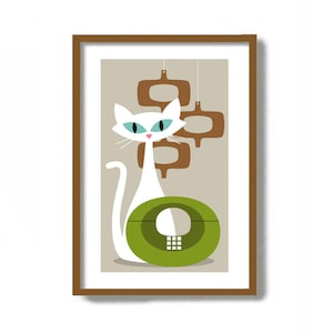 White Cat Art Print, Mid Century Modern Decor, Retro Telephone, Living Room Wall Art, Atomic Art, Cat Lover Gift, Danish Modern