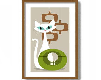 White Cat Art Print, Mid Century Modern Decor, Retro Telephone, Living Room Wall Art, Atomic Art, Cat Lover Gift, Danish Modern