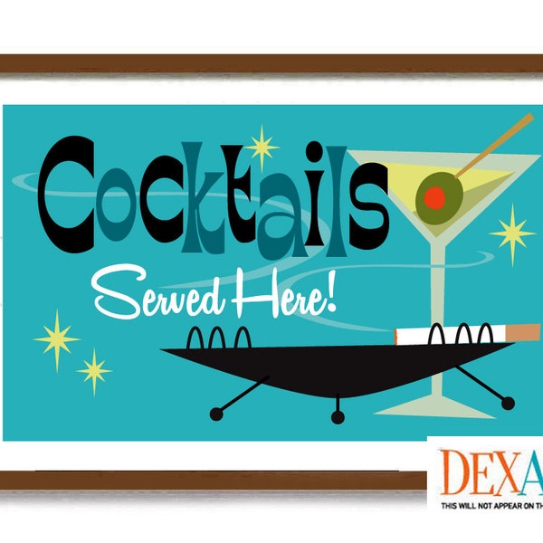 Atomic Decor Cocktail Sign, Home Bar Decor, Martini Art Print, Mid Century Modern Sign, Bartender Gift Decor, 1950s, Vintage Martini Glasses