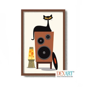 Audiophile Gift, Mid Century Modern Art Print Black Cat Lover Gift, Vintage Record Player, Stereo Speaker, Atomic Cat Vinyl, Record Storage